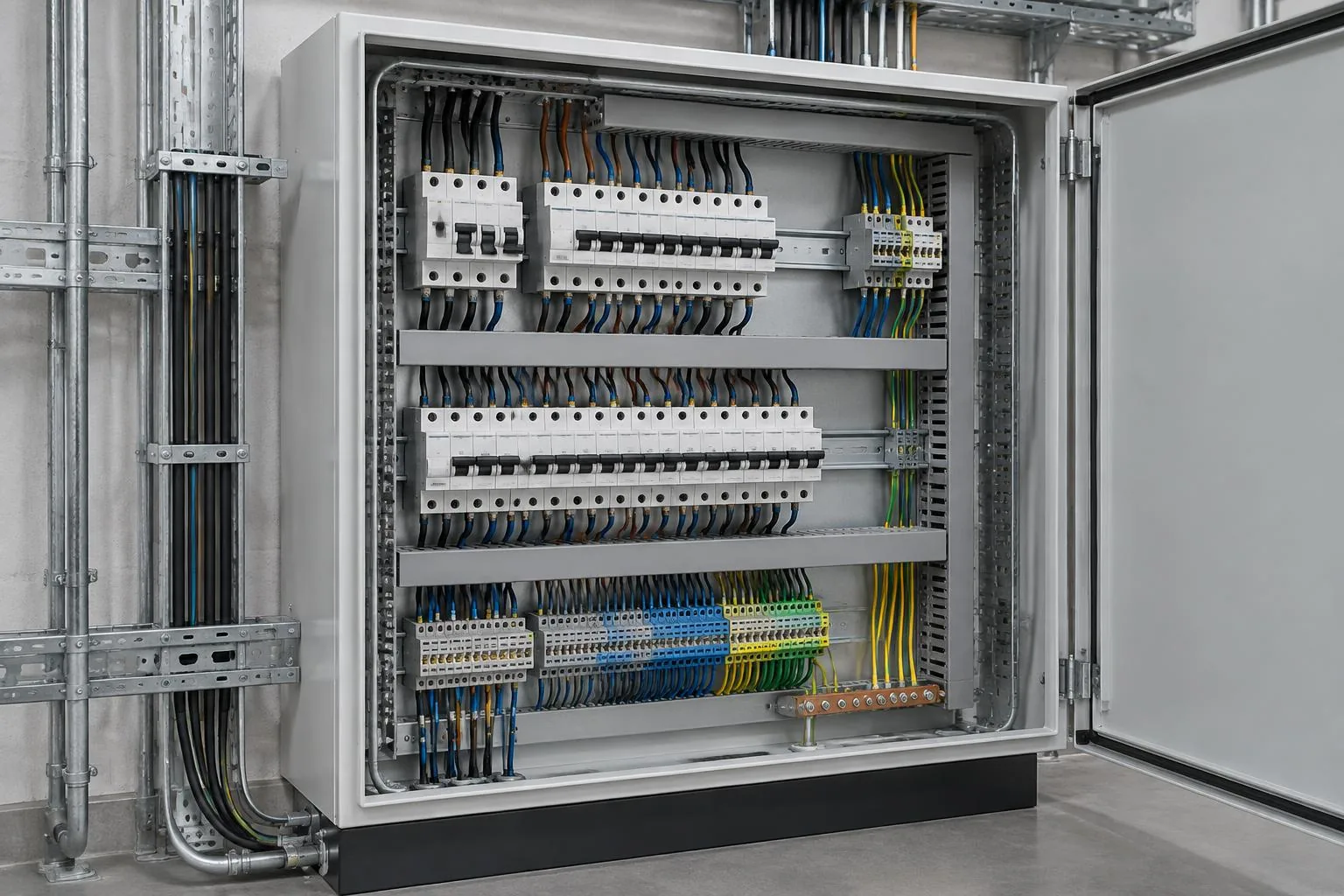 Electrical distribution board with neatly arranged cables